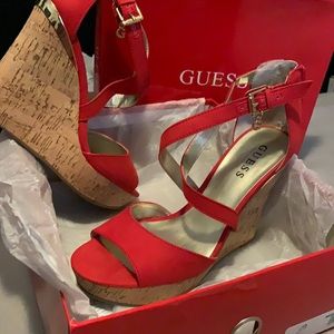 GUESS cork wedge / platform open toe shoe in red size 8 (NEW never used in box)